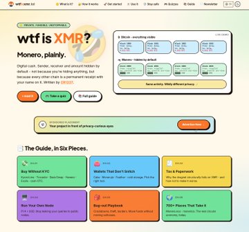 The image shows a computer screen displaying a desktop page of an online portal that appears to promote businesses or services related to Bitcoin, specifically targeting a Monero audience. The title "wtfisxmr?" indicates this is a question about the portal's content. Below the main section, there are two banner slots: one for the "Guide, in Six Pieces." and another for the "Monero Jobs" advertisement.