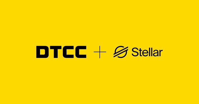 The image features a logo for DTCC, which stands out against a yellow background. The logo includes the words "DTCC" and "Stellar", indicating that these two companies are collaborating or integrating their assets into a tokenised asset infrastructure. This integration could potentially be part of a larger financial system involving real financial institutions using public blockchain technology to manage tokens, which is what the image suggests.
