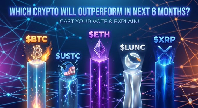 A digital poll graphic titled "WHICH CRYPTO WILL OUTPERFORM IN NEXT 6 MONTHS? CAST YOUR VOTE & EXPLAIN!" featuring five podiums displaying $BTC, $USTC, $ETH, $LUNC, and $XP, aligning with the post asking which crypto is being bought today.