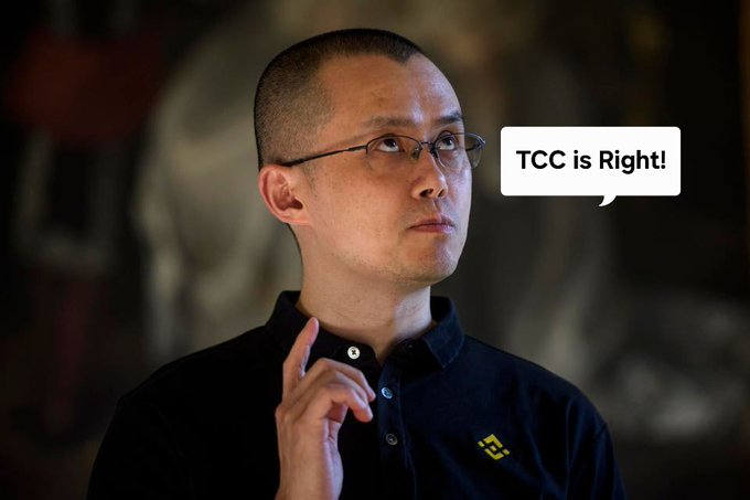 The image features a man wearing glasses, standing against a dark background with a painting visible behind him. He has his hand up to his face as if he's deep in thought or contemplation. The caption of the image reads "TCC is Right", which seems to be a reference to the BNB Chain ecosystem. This post could possibly be related to the BNB Chain, given its title and the man's contemplative expression.