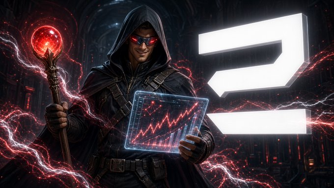 A stylized digital artwork of a hooded figure wearing red-tinted sunglasses, holding a glowing red staff and a holographic chart showing a downward trending red line graph, with lightning effects and the number '2' visible.