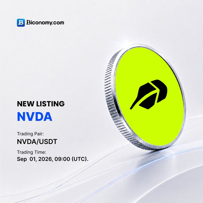 An announcement from Biconomy.com for a new listing of NVDA token with the trading pair NVDA/USDT, scheduled to begin September 1, 2026 at 09:00 UTC, featuring a green coin-like logo.