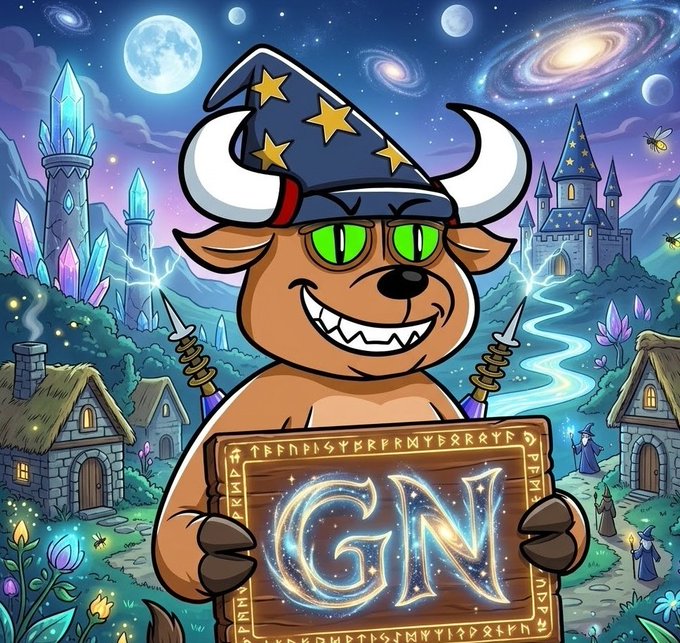 A cartoon illustration of a smiling brown bear wearing a horned wizard hat with stars, holding a glowing sign that reads "GN" in a fantasy landscape with castles and crystals.