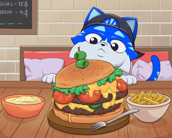The image features a cartoon cat wearing a hat, sitting at a table with a large hamburger placed in front of him. There are also fries on the table next to the hamburger. The caption reads "Good food. Good mood. $TOSHI". This suggests that the scene is set in a restaurant or diner where the cat appears to be enjoying his meal, possibly accompanied by fries and a burger.
