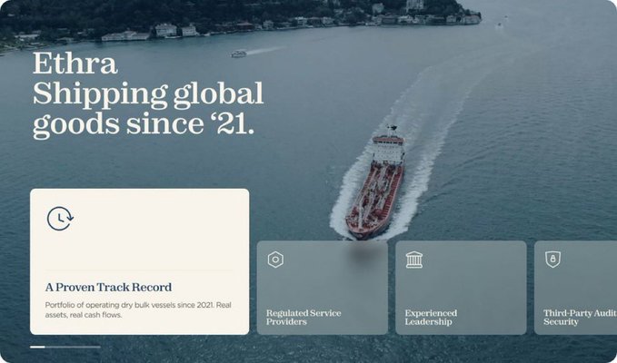 The image shows a marketing webpage for "Ethra" shipping company with the tagline "Shipping global goods since '21," featuring an aerial photo of a cargo ship on water and sections highlighting "A Proven Track Record," "Regulated Service Providers," "Experienced Leadership," and "Third-Party Audit Security."

However, there is no visible connection between this image and the accompanying post about cross-chain bridges, BeldexCoin, or Threshold Signature Schemes—the shipping company imagery and text appear unrelated to the cryptographic bridge discussion mentioned in the post.
