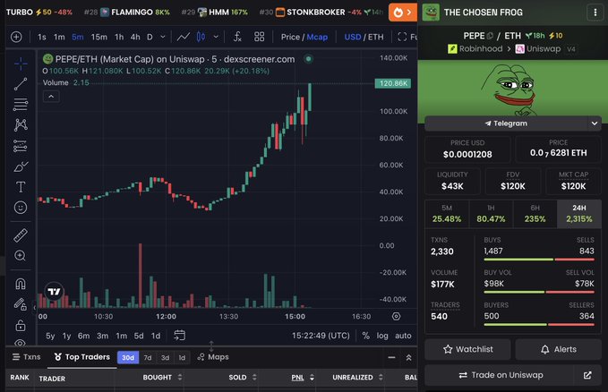 A cryptocurrency trading chart for PEPE/ETH on Uniswap showing a price of 0.0001208 and market cap of $120K, alongside a sidebar featuring 'The Chosen Frog' and 'PEPE' meme graphics.