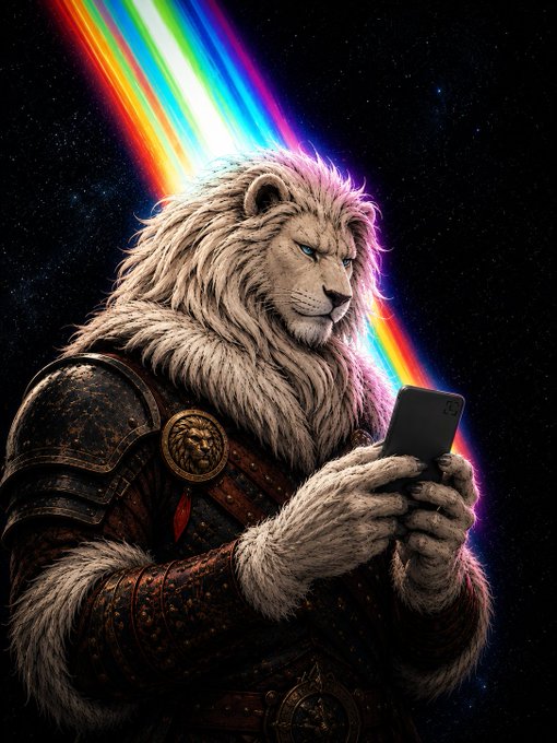 A fantasy illustration of an armored white lion looking at a smartphone, with a rainbow-colored beam of light shining down from a starry night sky onto its head.