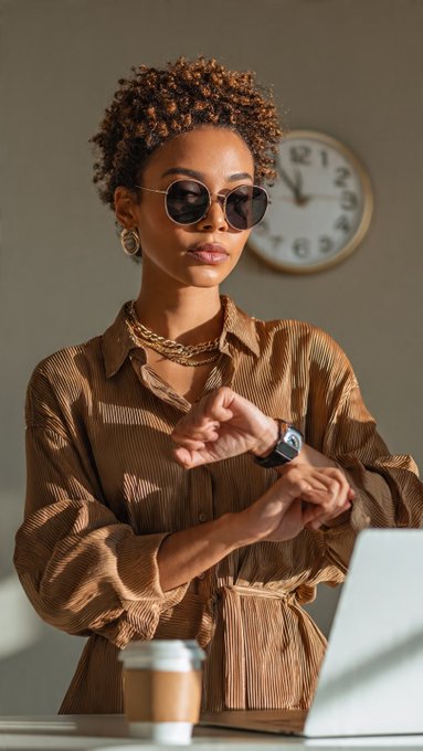 The image features a woman wearing sunglasses, a brown dress, and a watch standing at a desk with her laptop open in front of her. The background includes a clock and a cup of coffee. The caption reads "Good afternoon Capital shouldn' t get stuck because it's on the wrong chain satUSD is already native on Base via @RiverdotInc Direct minting. No wrapping. No liquidity fragmentation. That' s what chain abstraction looks like."