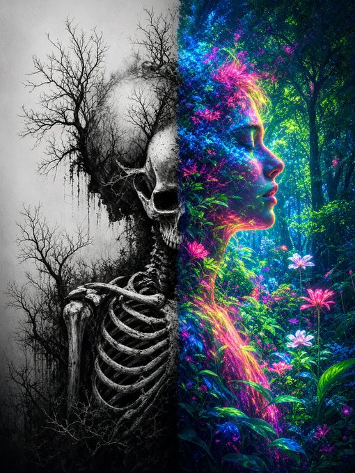 A surreal split digital artwork showing a skeletal figure with a skull and bare trees on the left in black and white, transitioning to a colorful forest with a woman's face on the right.