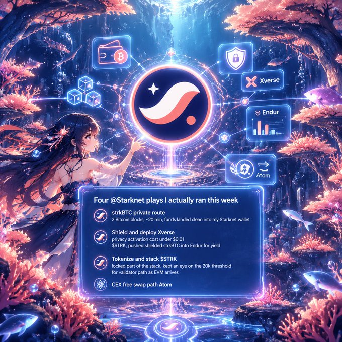 An anime-style fantasy illustration of a girl reaching toward a glowing Starknet logo, surrounded by floating icons for wallet, security, Xverse, Endur, and Atom, with a text overlay titled 'Four @Starknet plays I actually ran this week' detailing strategies involving strkBTC, Xverse, Endur, and Atom.