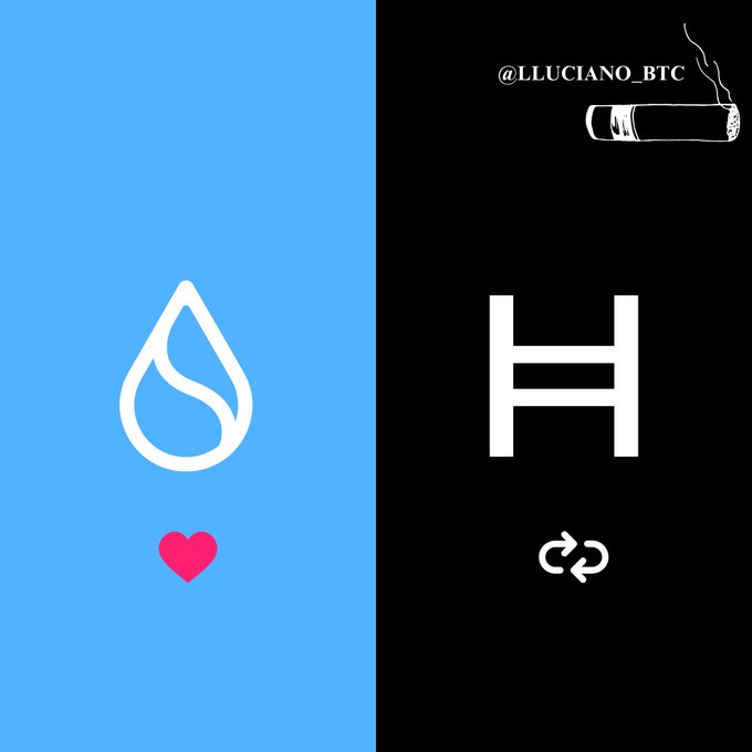 A split-screen graphic contrasts SUI (blue background with a water droplet logo) and HBAR (black background with an "H" logo and Hedera's chain-link symbol), featuring the handle "@LLUCIANO_BTC" and a cigar illustration in the top corner. The visual comparison aligns with the post's question about real-world utility, pairing each ecosystem's branding to invite evaluation beyond price charts.