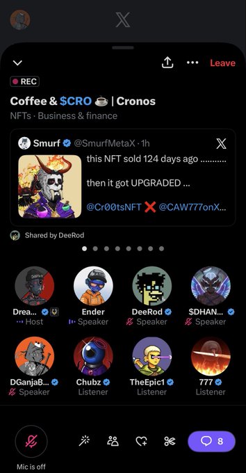 The image shows a cell phone screen displaying a social media app called "X", which appears to be a messaging app or a photo sharing platform. The main focus of the image is a post that reads, "How do you like your coffee? I like mine with $CRO". This message seems to be related to a recent purchase made by someone on the app, as indicated by the text "This $CRO sold 144 days ago ... then it got upgraded...". The user's name and profile picture are also visible in the image.