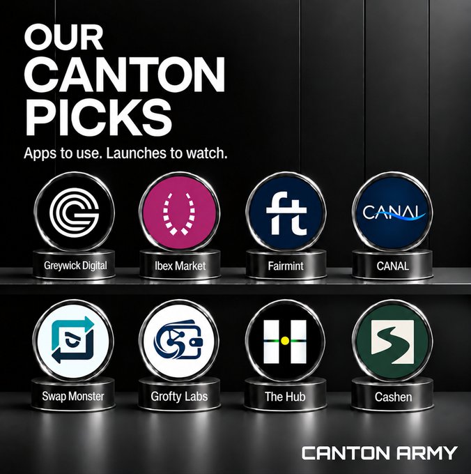 'Our Canton Picks' showcase from Canton Army featuring eight crypto/fintech apps including Greywick Digital, Ibex Market, Fairmint, CANAL, Swap Monster, Grofty Labs, The Hub, and Cashen.