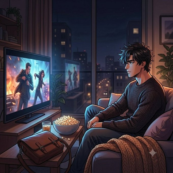 An anime-style illustration depicts a young man with dark hair sitting on a couch watching an action movie on TV, with a bowl of popcorn, a leather bag, and a city skyline visible through the window at night.