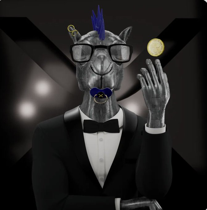 A surreal figure with a metallic animal head, blue mohawk, sunglasses, bow tie, and tuxedo holding a gold coin, with an X-shaped background.