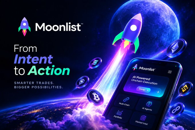 A promotional graphic for "Moonlist" cryptocurrency platform featuring a rocket launching toward the moon with the tagline "From Intent to Action: SMARTER TRADES. BIGGER POSSIBILITIES" and showing an app interface with AI-powered onchain execution.