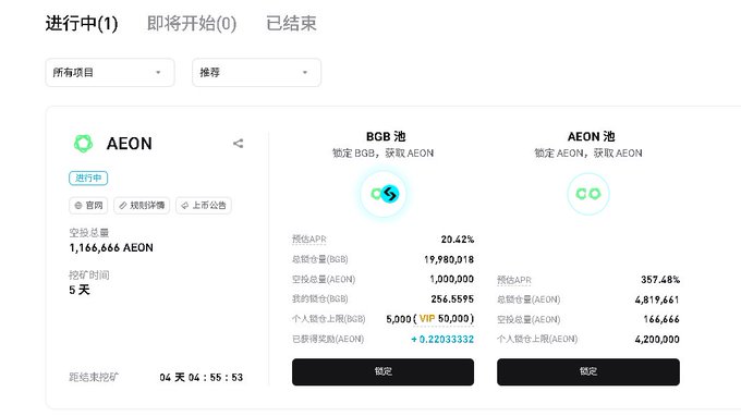 A Chinese-language cryptocurrency staking interface displays an active 'AEON' mining project with APR rates for BGB and AEON pools.