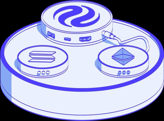 An isometric line-art illustration of a circular platform with a central hub connected by cable to two smaller side platforms, rendered in blue and white.