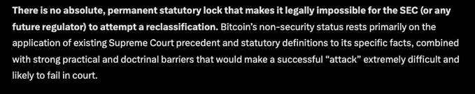 This image doesn't contain any charts, graphs, or visual data—it's simply a text excerpt from an article or legal analysis discussing Bitcoin's regulatory status with the SEC.

**Key text visible:** *"There is no absolute, permanent statutory lock that makes it legally impossible for the SEC (or any future regulator) to attempt a reclassification. Bitcoin's non-security status rests primarily on the application of existing Supreme Court precedent and statutory definitions to its specific facts, combined with strong practical and doctrinal barriers that would make a successful 'attack' extremely difficult and likely to fail in court."*

**Relation to the post:** The text directly supports the poster's argument. While the excerpt emphasizes that reclassification would be "extremely difficult and likely to fail," it explicitly acknowledges there is "no absolute, permanent statutory lock" preventing the SEC from attempting it—validating the poster's point that a change in circumstances (like revealing Satoshi's identity) could potentially trigger regulatory action against Bitcoin.