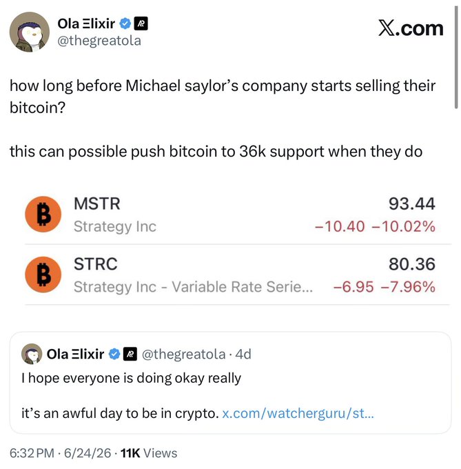 The image is a screenshot of a tweet from "Ola Elixir" (@thegreatola) asking how long before Michael Saylor's company starts selling their Bitcoin, suggesting this could push BTC to 36k support. It shows MicroStrategy (MSTR) down 10.02% to $93.44 and STRC down 7.96% to $80.36, with a quote-tweet of the same user noting "it's an awful day to be in crypto," visually reinforcing the post's warning about a potential MicroStrategy liquidation event.