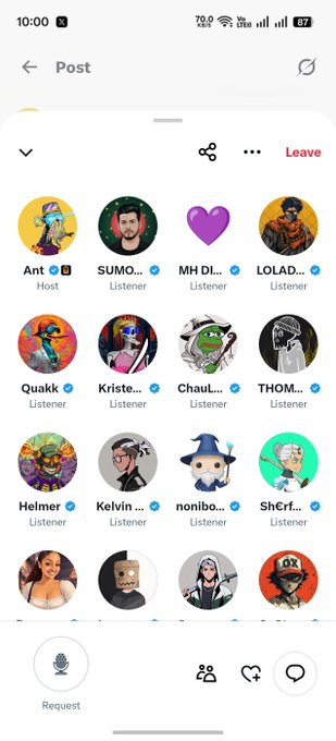 A screenshot of a social media audio room interface showing a grid of user avatars with names like 'Ant' (Host), 'SUMO...', 'Quakk', 'Kriste...', and 'Chaul...' marked as 'Listener'.