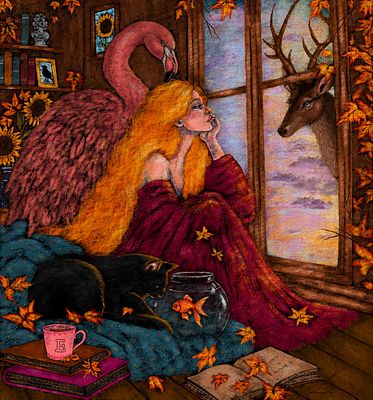 Fantasy artwork depicting a fairy-like woman with large orange wings and a pink flamingo companion, sitting by a window gazing at a sunset, with a deer visible outside, surrounded by autumn leaves, books, and a black cat.