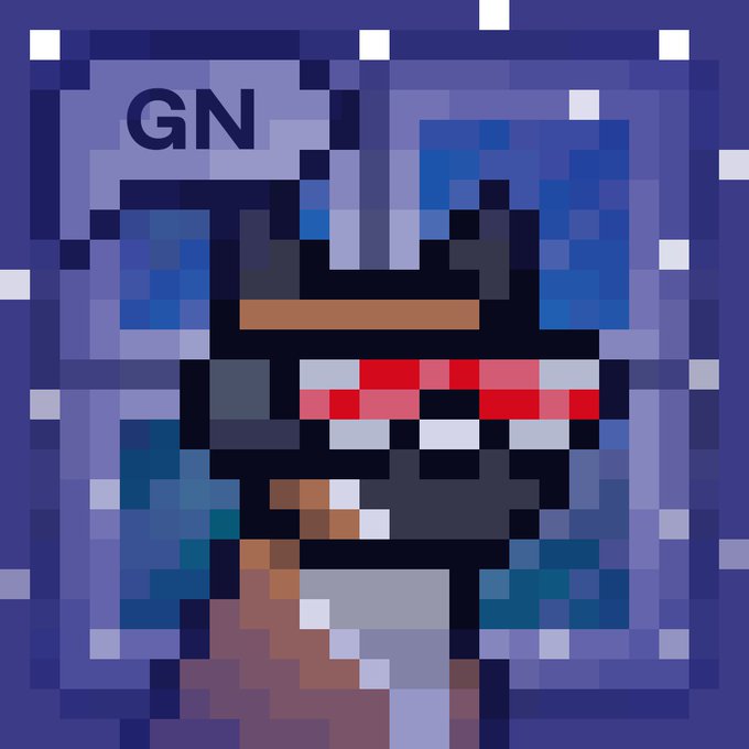 A pixel-art image labeled "GN" at the top shows a hooded figure with glowing red eyes and a masked face, in dark blue and orange tones. It serves as a "Goodnight" graphic paired with the post "Goodnight Anons, See ya in the GM's," capturing the cryptic sign-off style common in crypto/anon communities.