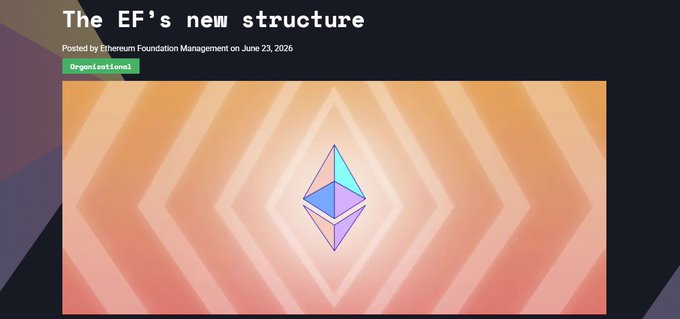 The image shows a close-up of an icon featuring a purple triangle with a blue pentagon at its center, set against a backdrop of yellow squares arranged in a geometric pattern. The text "The EF's new structure" is visible on this illustration.