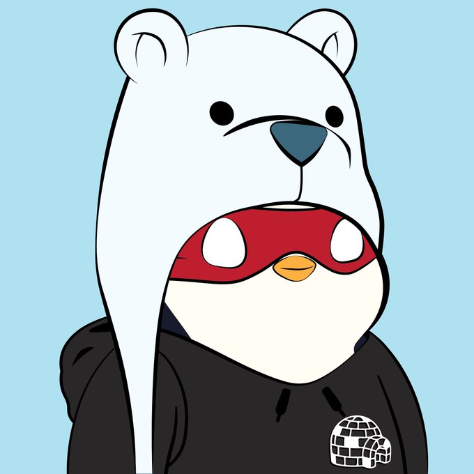 A cartoon character wearing a white polar bear hat, a red face mask, and a black Stone Island hoodie poses against a light blue background.