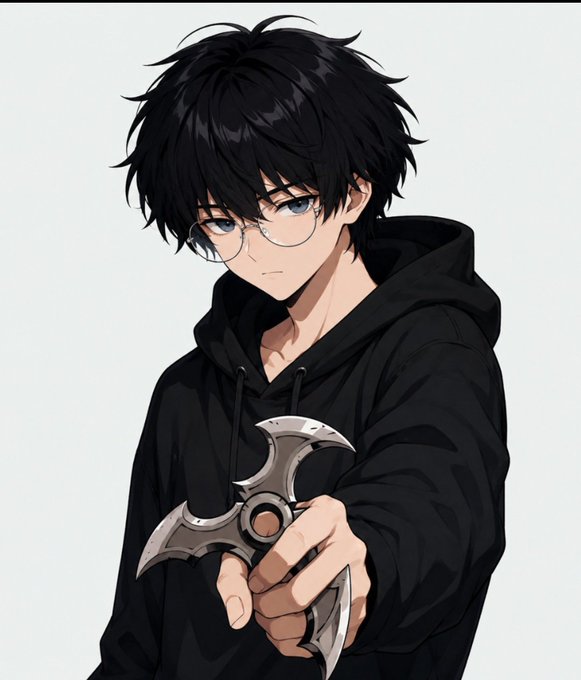 An anime-style illustration of a young man with messy black hair and round glasses wearing a dark hoodie, holding out a metallic star-shaped throwing weapon.