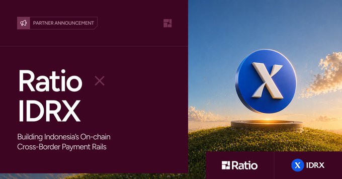 The image features a purple background with white text that reads "ratio x idrx" at the top of the screen. Below this, there are two images - one showing a blue circle with an X on it, and another showing a green hill with clouds in the distance. The post also mentions that "Building Indonesia's On-chain Cross-Border Payment Rails".