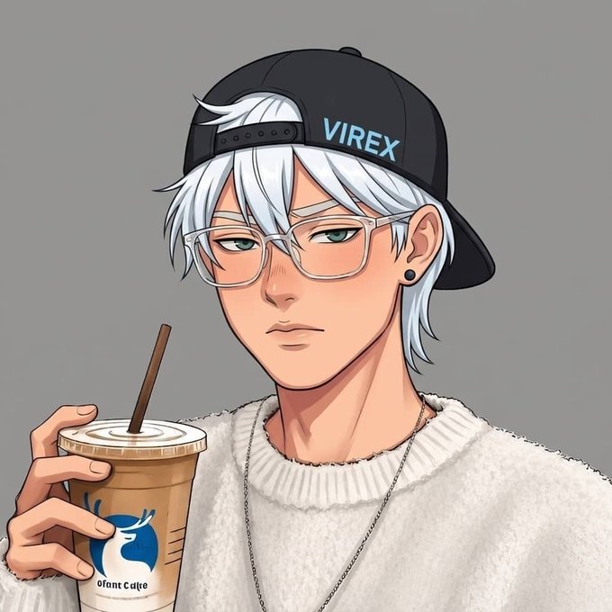 An anime-style illustration of a young man with white hair, green eyes, and clear glasses, wearing a backwards black cap that says 'VIREX' and a white sweater, while holding a coffee cup labeled 'dfant cafe'.