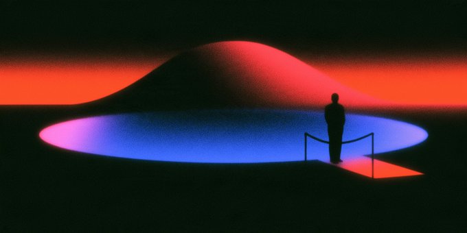 A silhouetted figure stands at the edge of a glowing blue pool beneath a red-lit mountain in a dark, stylized landscape. The privacy-focused imagery complements the announcement of 0xbow’s Privacy Pools v2, which supports shielded private payments, Aave yield, and swaps across networks such as Ethereum, Arbitrum, and Base.