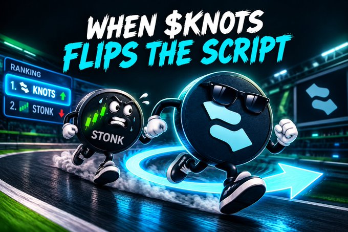 A dynamic graphic titled "WHEN $KNOTS FLIPS THE SCRIPT" shows two coin characters racing on a track—the nervous "STONK" coin being overtaken by the cool, sunglasses-wearing "KNOTS" coin (mirroring its logo), with a leaderboard displaying "1. KNOTS ↑" and "2. STONK ↓" in the background. The image visually captures the post's theme of $STONK flipping to become $KNOTS, symbolizing the brand's bold reversal and rise to the top spot.