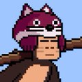 Small pixel art of a monkey wearing a purple ski mask with eye holes, against a light blue background.