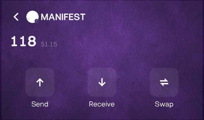 A purple-themed cryptocurrency wallet screen displaying a 'MANIFEST' account with 118 tokens valued at $1.15, featuring Send, Receive, and Swap action buttons.