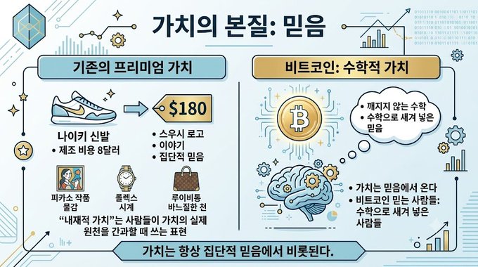An infographic in Korean titled '가치의 본질: 믿음' (The Essence of Value: Faith) contrasts '기존의 프리미엄 가치' (Traditional Premium Value) showing a Nike sneaker priced at $180 with '비트코인: 수학적 가치' (Bitcoin: Mathematical Value) featuring a Bitcoin emblem and brain imagery.