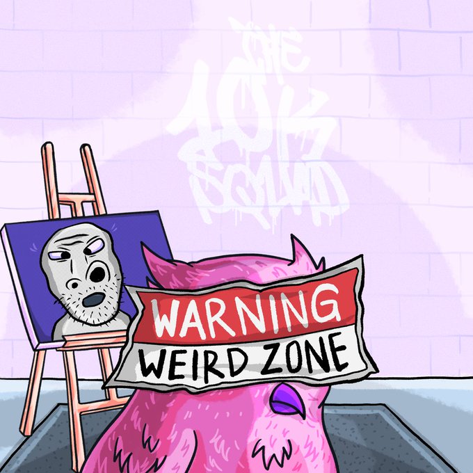A cartoon illustration shows a pink furry creature with a 'WARNING WEIRD ZONE' sign in front of a painting on an easel, with 'THE WEIRD ZONE' graffiti on a brick wall behind it.