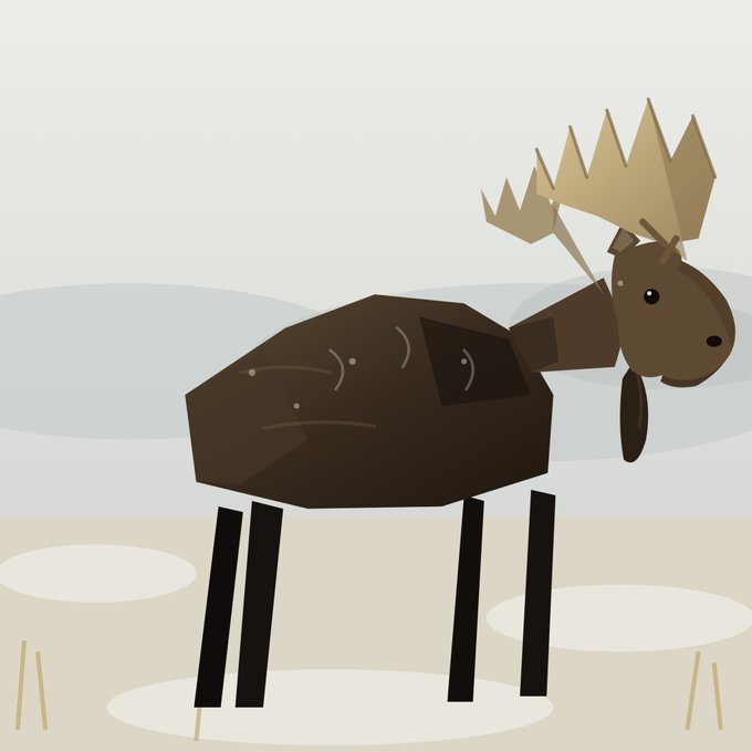 A minimalist digital illustration of a stylized brown moose or elk with large antlers, four black legs, and a blocky body standing in a simple landscape.
