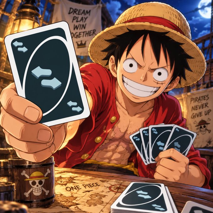 An anime-style illustration of a grinning character resembling Monkey D. Luffy from One Piece wearing a straw hat and red shirt, holding up dark playing cards.