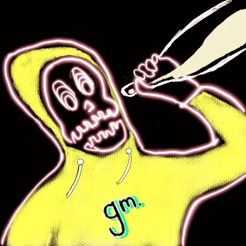 A neon-style illustration depicts a yellow-hooded grim reaper character with pink glowing outlines, holding a megaphone and displaying a 'gm.' label on its chest.