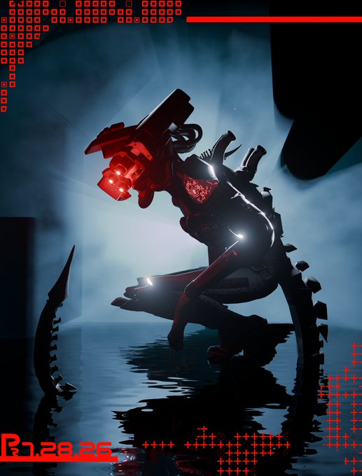 A shadowy red robotic creature crouches on a reflective wet surface within a misty, dimly lit chamber, emitting a menacing red glow from its head, with the text "R12825" displayed in the lower-left corner. The eerie, ominous atmosphere of the creature lurking in an isolated, echoing space visually reinforces the post's haunting reference to the "Cryo Archive," suggesting a chilling, desolate setting where one's cries would go unheard.