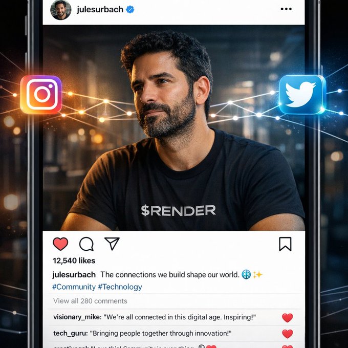 A mock Instagram post by verified user 'julesurbach' featuring a man wearing a black $RENDER t-shirt, with the caption 'The connections we build shape our world. #Community #Technology' and 12,540 likes.