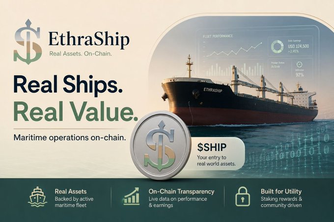 A promotional graphic for 'EthraShip' advertising '$SHIP' tokens, featuring a cargo ship with on-chain maritime operations and real assets.