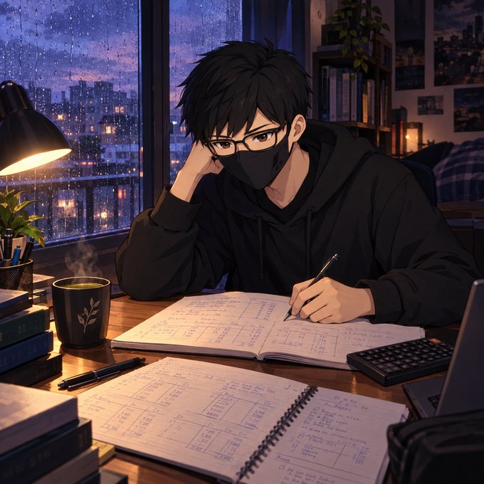 A young man wearing glasses and a face mask sits at a desk covered with handwritten notes, graphs, and a calculator during a rainy night, working late on what appears to be trading charts and market analysis—contrasting the post's reminder to "leave the tabs and charts" and spend Sunday with family instead.