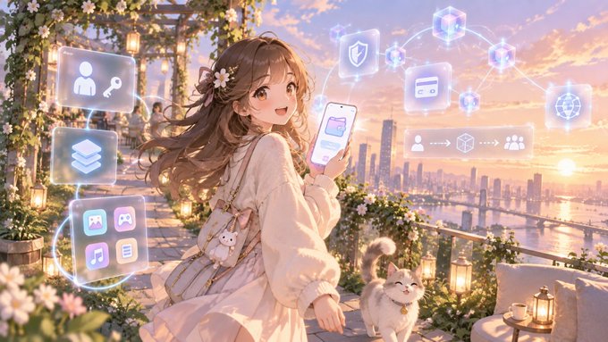 An anime-style illustration shows a smiling young woman holding a smartphone, surrounded by floating app icons and connected to a network of digital services, with a small white cat beside her and a sunset cityscape in the background.