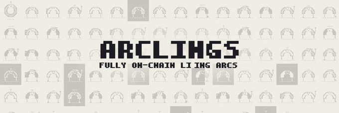 A pixel-art style banner displays the "ARCLINGS" logo with the tagline "FULLY ON-CHAIN LIVING ARCS" set against a patterned background of small creature icons, promoting the upcoming NFT collection minting on September 16 with a total supply of 6,283.