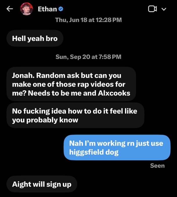 A DM exchange where "Ethan" asks "Jonah" to make a rap video featuring him and "Alxcooks," and Jonah deflects by suggesting he use "higgsfield" instead, an app that apparently costs $100/month—context that the accompanying post mocks as further evidence of scammer culture in Dubai.