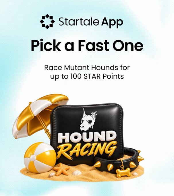 The image is a promotional graphic for the Startale App featuring "Hound Racing," with text reading "Pick a Fast One — Race Mutant Hounds for up to 100 STAR Points," visually showcasing a beach-themed scene with a black "HOUND RACING" cushion, gold and white beach umbrella, matching beach ball, spiked collar with bone tag, and starfish on sand. The graphic ties into the accompanying post by advertising the onchain Hound Racing game on Soneium, inviting users to select and race their mutant hounds to earn up to 100 STAR Points toward the Summer Fiesta.