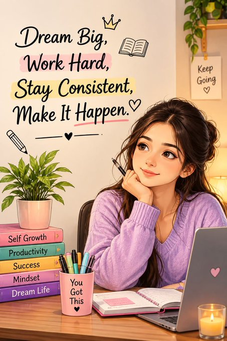 An illustrated girl at a desk gazes thoughtfully upward beside a laptop, a stack of colorful books, and a potted plant, with motivational wall text reading 'Dream Big, Work Hard, Stay Consistent, Make It Happen.'
